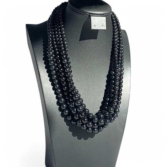 Vintage Multi-Strand Black Beaded Necklace With Adjustable Chain Closure 10"Drop - Picture 1 of 6